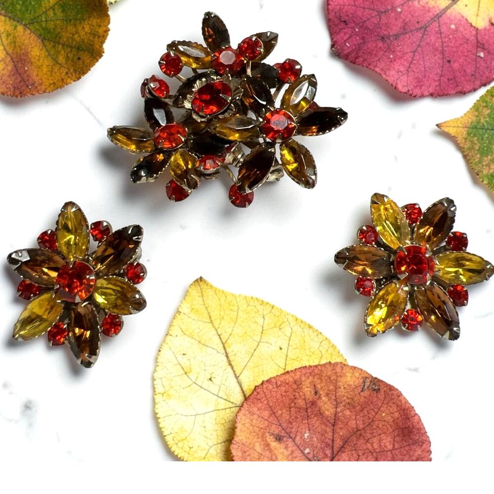 Vintage Signed Judy Lee Rhinestone Brooch & Earrings Set Autumn w/Original Box
